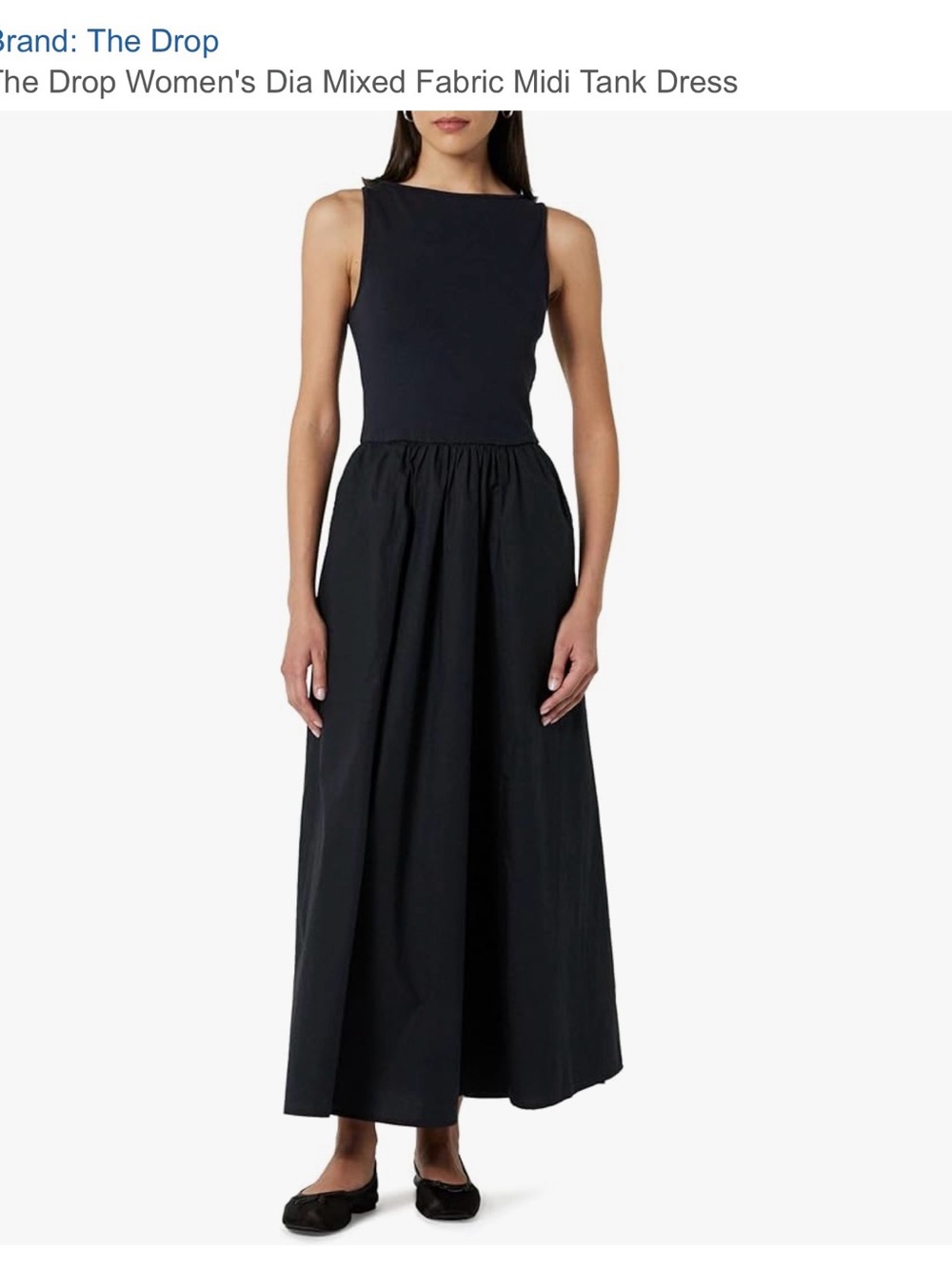 The Drop Women’s Dia Mixed Fabric Midi Tank Dress in classic black.